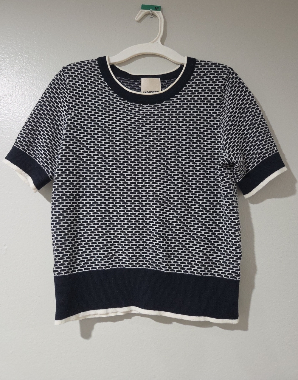 Women's Navy and White Short-Sleeve Knit Top